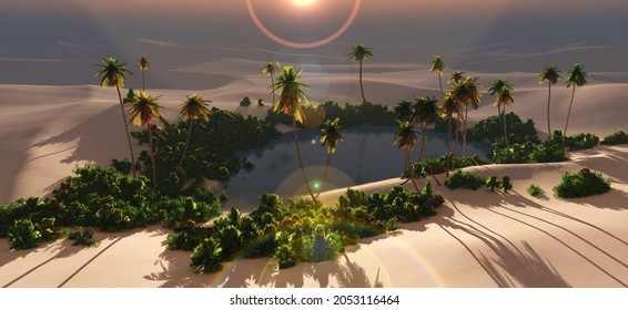 Oasis, desert at sunset, oasis in the sand desert, palm trees in the sand near the reservoir, 3D rendering