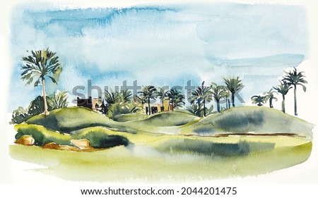 Oasis in Morocco. Sketch from architecture. Watercolor hand drawn illustration	