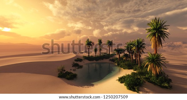 Oasis Sunset Sandy Desert Panorama Desert Stock Illustration 1250207509 ...