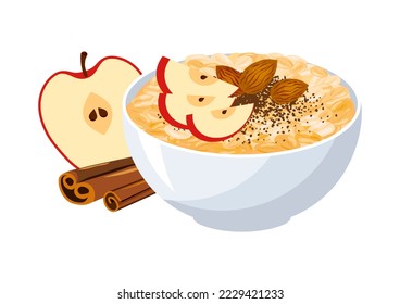 Oatmeal and apples   cinnamon illustration  Healthy sweet cereal breakfast and apple  cinnamon   almonds icon isolated white background  Oat flakes breakfast still life drawing