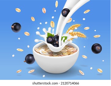 Oats In Bowl With Black Currants. Oatmeal Cereal And Berries Advertising With Oatflakes. 3d Illustration