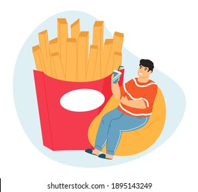 Obese Man. Overeating Leading To Obesity, Fat Man With Fast Food, Gluttony Person Trouble. Overweight Fat Guy  Illustration. Lazy Boy Sitting, Drinking Soda Near French Fries