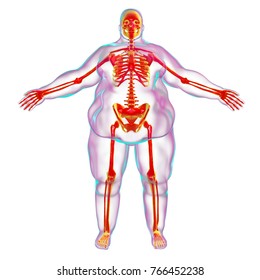 Obesity problem conceptual image, 3D illustration showing normal skeleton inside obese male body