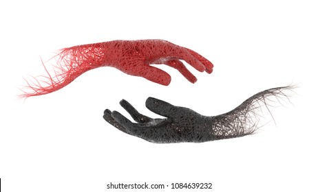 object 3d model hands red blood veins and black blood veins arteries on white background. cooperation, leadership experiment medical science in lab. gene dna or virus. clipping path. 3D Illustration.