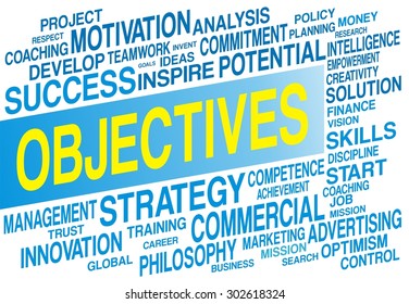 OBJECTIVES word cloud concept in blue color