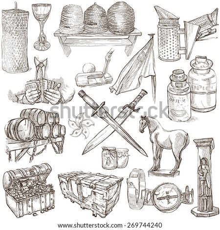 OBJECTS - Collection (no.5) of an hand drawn illustrations. Description - Full sized hand drawn illustrations, freehand sketches, drawing on white background.