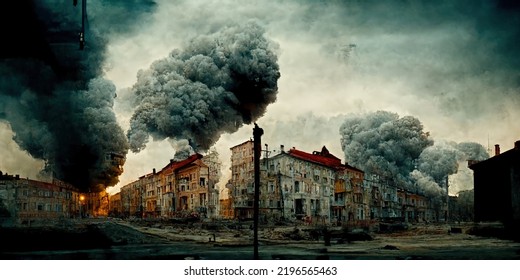 Obliterated European City Destroyed By Enemy Militia Blown Away By Enemy Rockets World War 3 Dead Injured People 3d Illustration