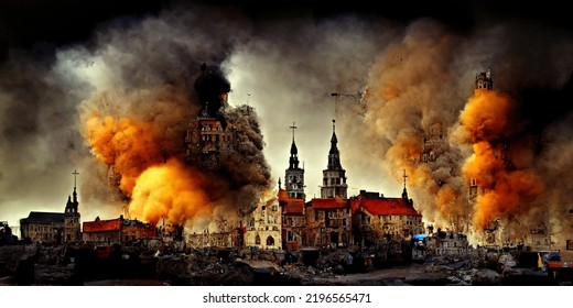 Obliterated European City Destroyed By Enemy Militia Blown Away By Enemy Rockets European War World Threat Dead Injured People 3d Illustration