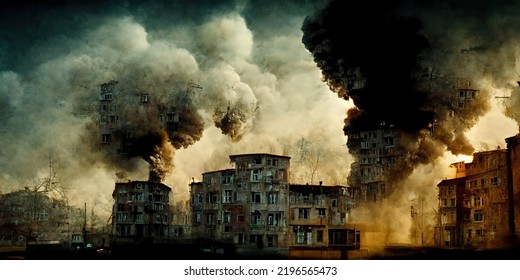 Obliterated European City Destroyed By Enemy Militia Blown Away By Enemy Rockets Terrorist Attack Dead Injured People 3d Illustration