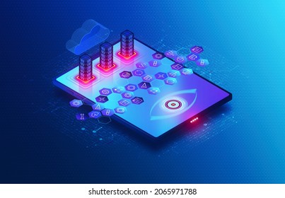 Observability And Monitoring Service Concept - Cloud-based SaaS Observability Platform - Applications And Microservices On Tablet With Servers And Digital Eye - 3D Isometric Illustration