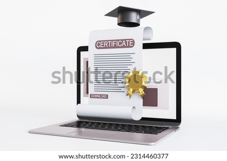 Obtaining a diploma and e-learning courses concept with perspective view on qualification certificate with golden seal, black graduation hat and modern laptop on white background. 3D rendering