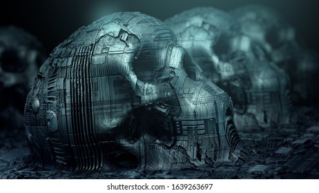Occult still life with human skulls. Alien technology on a science fiction surface. 3D Rendering