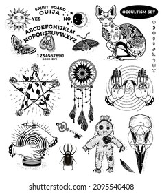 Occultism Set with Ouija board, Mystical Cat, Pentagram Of Roses, Dream Catcher, Hands with Eyes, Voodoo Doll, Crystal Ball, Rhinoceros Beetle, Crow Skull. 