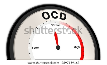 OCD at normal levels, shown on a barometer or tachometer, illustrating balanced obsession-compulsion symptoms with moderate concern, reflecting stable and manageable mental health condition