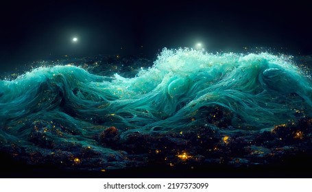 Ocean Fantasy Night Landscape Sea Starry Dark Waves Stars.