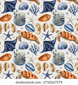 Ocean fish turtle stingray seashell watercolor marine pattern with coral and tropical sea elements for summer coastal design