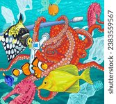 Ocean life and plastic pollution - environmental illustration featuring tropical fish, octopus, seahorse and plastic waste; toothbrushes, water bottles, fishing nets and carrier bags.