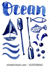 Ocean, Oars, Water Drops, Fish, Ship, Waves. Nautical Set Of Watercolor Illustrations. Blue Color.