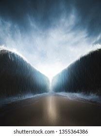 ocean opening up to form a canal, inspired by the bible event of moses parting the red sea. / photo composite.