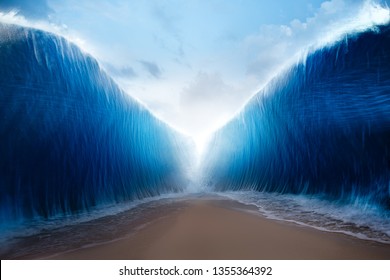 ocean opening up to form a canal, inspired by the bible event of moses parting the red sea. / photo composite.