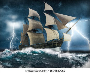 Ocean Sailing Ship In Distress, Struggling To Stay Afloat, In A Heavy Storm With Big Waves And Lightning, 3d Render Painting