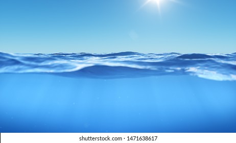 Ocean Or Sea In Half Water Half Sky. Rays Of Sunlight Shining From Above Penetrate Deep Clear Blue Water. Realistic Dark Blue Ocean Surface. View - Half Of The Sky, Half Water. 3D Rendering