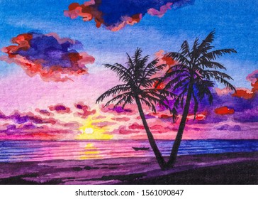 Ocean Sunset Palm Tree On Sea Stock Illustration 1561090847 | Shutterstock