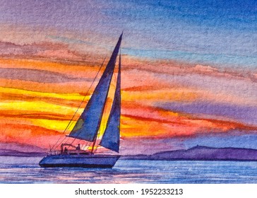 SMALL SAILBOAT Sailing Boating Art Bay Ink and Watercolor Painting Nautical Boat Ocean Drawn There Drawing