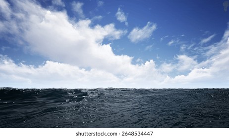 ocean surface with dynamic waves under a cloudy blue sky. Perfect for background, nature scenes, or seascape concepts.
