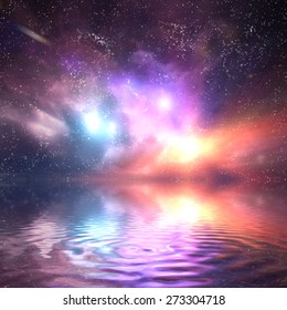 Ocean Under Galaxy, Space Sky. Stars, Lights, Fantasy Background. Water Reflection