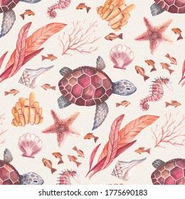 Ocean underwater animals and plants - fish, turtle, seahorse, starfish, shells, plants, corals. Seamless pattern with hand drawn watercolor illustrations