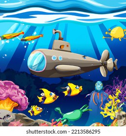 Ocean Underwater Exploration By A Submarine With Beautiful Creatures Illustration