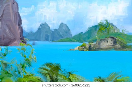 Ocean view. Blue water. Wide brush painting. Hot summer. Seaside panorama. Pacific atoll. Tropical island. 2d illustration. 