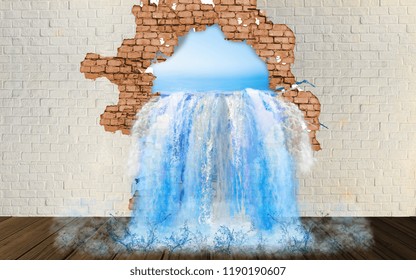 Ocean water flows into the room from a hole in the wall. Wallpapers for interior decor. 3D rendering.