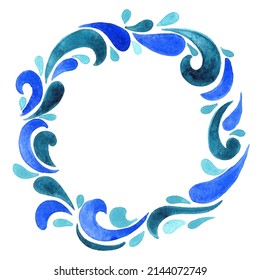 Ocean Wave, Water Wave Wreath Watercolor For Decoration On Summer Holidat Season, Aquatic And Drinks Concept.