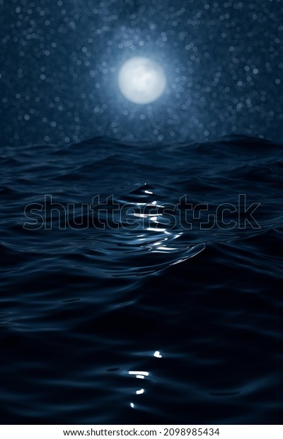 Ocean waves and moon and stars at night.\
Shallow depth of field. Mysterious, dreamy and spriritual image. 3D\
rendering