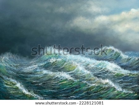 Ocean waves, storm on the sea, blue sky with clouds. Oil paintings sea landscape, fine art, artwork.