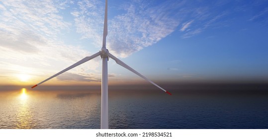 Ocean Wind Farm. Windmill Farm In The Ocean. Offshore Wind Turbines In The Sea. Wind Turbine From Aerial View, 3d Rendering.