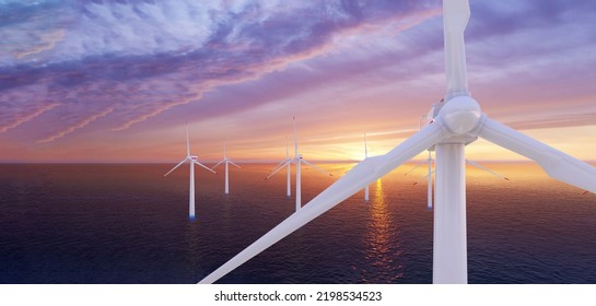 Ocean Wind Farm. Windmill Farm In The Ocean. Offshore Wind Turbines In The Sea. Wind Turbine From Aerial View, 3d Rendering.