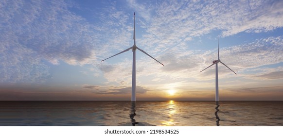 Ocean Wind Farm. Windmill Farm In The Ocean. Offshore Wind Turbines In The Sea. Wind Turbine From Aerial View, 3d Rendering.