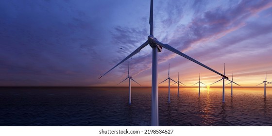 Ocean Wind Farm. Windmill Farm In The Ocean. Offshore Wind Turbines In The Sea. Wind Turbine From Aerial View, 3d Rendering.