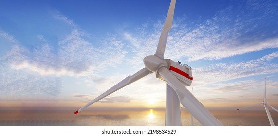 Ocean Wind Farm. Windmill Farm In The Ocean. Offshore Wind Turbines In The Sea. Wind Turbine From Aerial View, 3d Rendering.