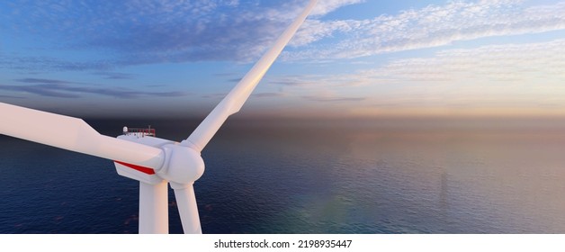 Ocean Wind Farm. Windmill Farm In The Ocean. Offshore Wind Turbines In The Sea. Wind Turbine From Aerial View, 3d Rendering.