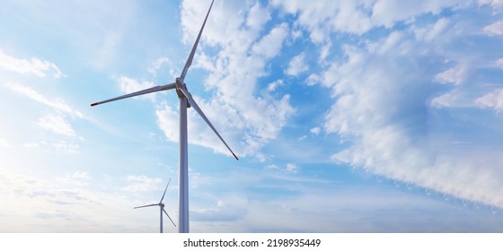 Ocean Wind Farm. Windmill Farm In The Ocean. Offshore Wind Turbines In The Sea. Wind Turbine From Aerial View, 3d Rendering.