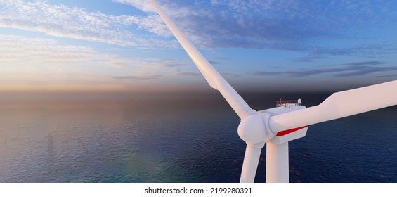 Ocean Wind Farm. Windmill Farm In The Ocean. Offshore Wind Turbines In The Sea. Wind Turbine From Aerial View, 3d Rendering.