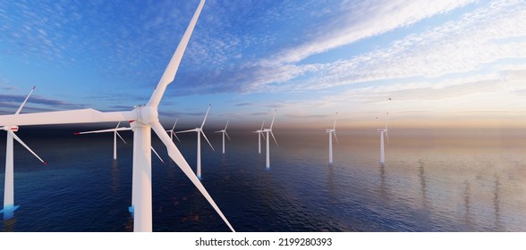 Ocean Wind Farm. Windmill Farm In The Ocean. Offshore Wind Turbines In The Sea. Wind Turbine From Aerial View, 3d Rendering.