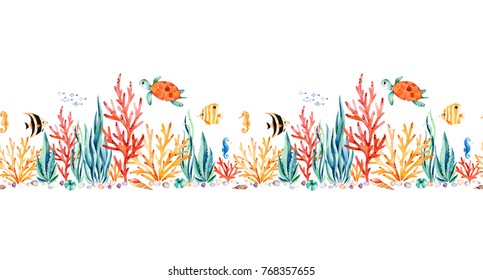 Oceanic creature seamless repeat border with cute turtle,seaweed,coral reef,fishes,seahorse etc.Underwater creature.Perfect for invitations,party decorations,printable,craft project,greeting cards.