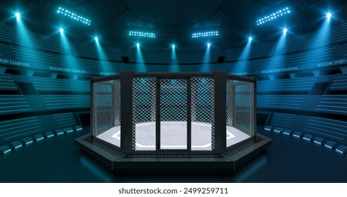 Octagon cage inside of arena at night with shining spotlights and thrilling atmosphere before fight event. Octagon cage illustration as sport background for advertising.