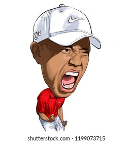 October 10, 2018 Caricature of Tiger Woods, Eldrick Tont “Tiger” Woods an American  professional golfers.