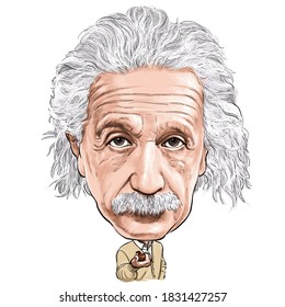 October 12, 2020 Caricature of Albert Einstein Theoretical physicist Scientist Portrait Drawing Illustration.